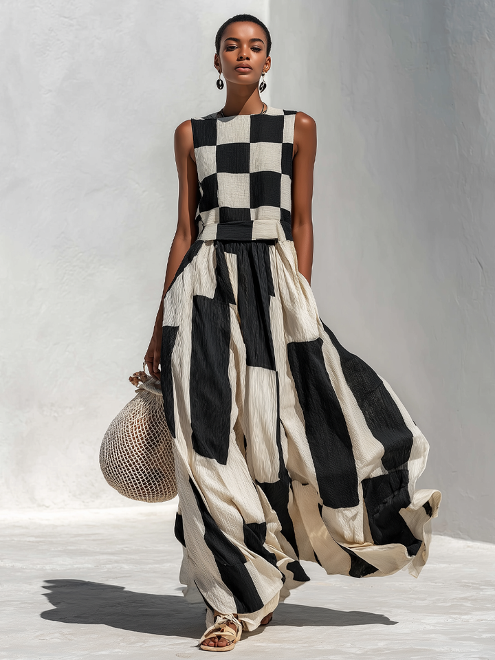 Mireya | Bold Checkered Sleeveless Maxi Dress