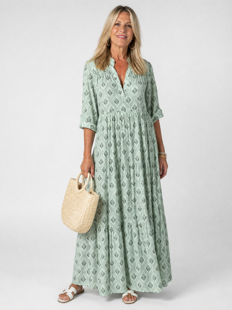Zirelle | Printed Roll Sleeve Maxi Dress