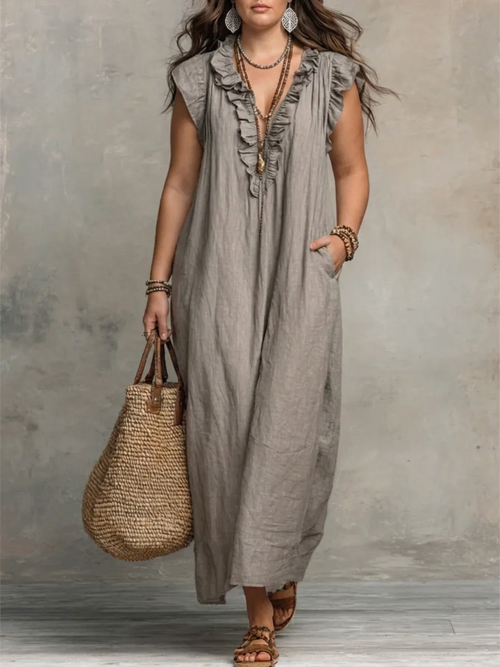 Corinne | Ruffle V-Neck Relaxed Maxi Dress
