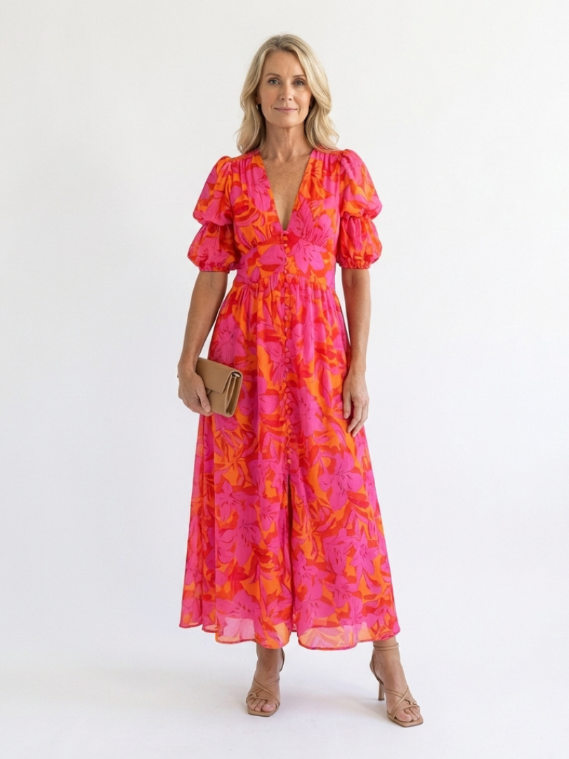 Sadie | Floral V Neck Puff Sleeve Midi Dress