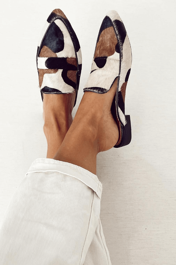Brianna | Cow Print Pointed Mule Flats