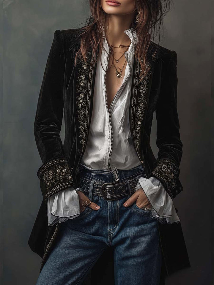 Women’s Vintage Navy Embroidered Longline Jacket