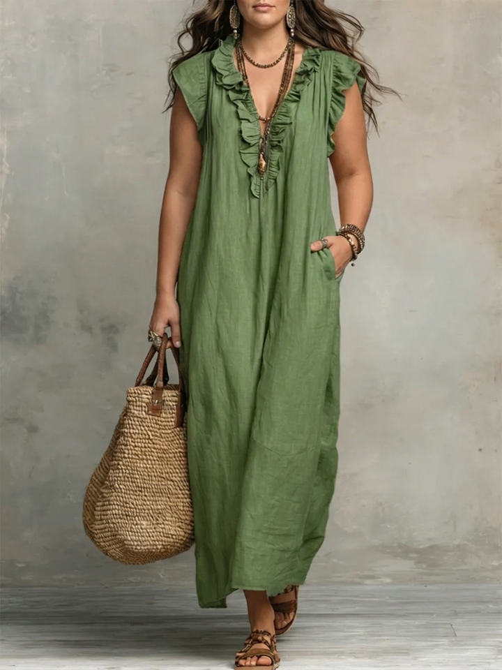 Corinne | Ruffle V-Neck Relaxed Maxi Dress