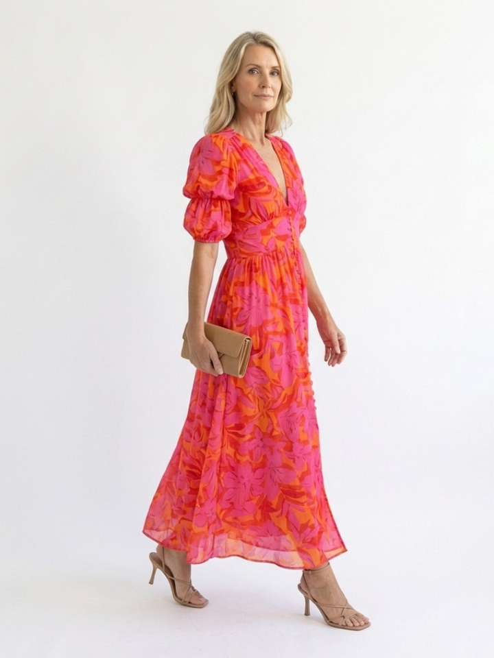 Sadie | Floral V Neck Puff Sleeve Midi Dress