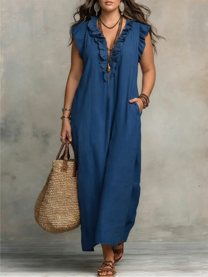 Corinne | Ruffle V-Neck Relaxed Maxi Dress