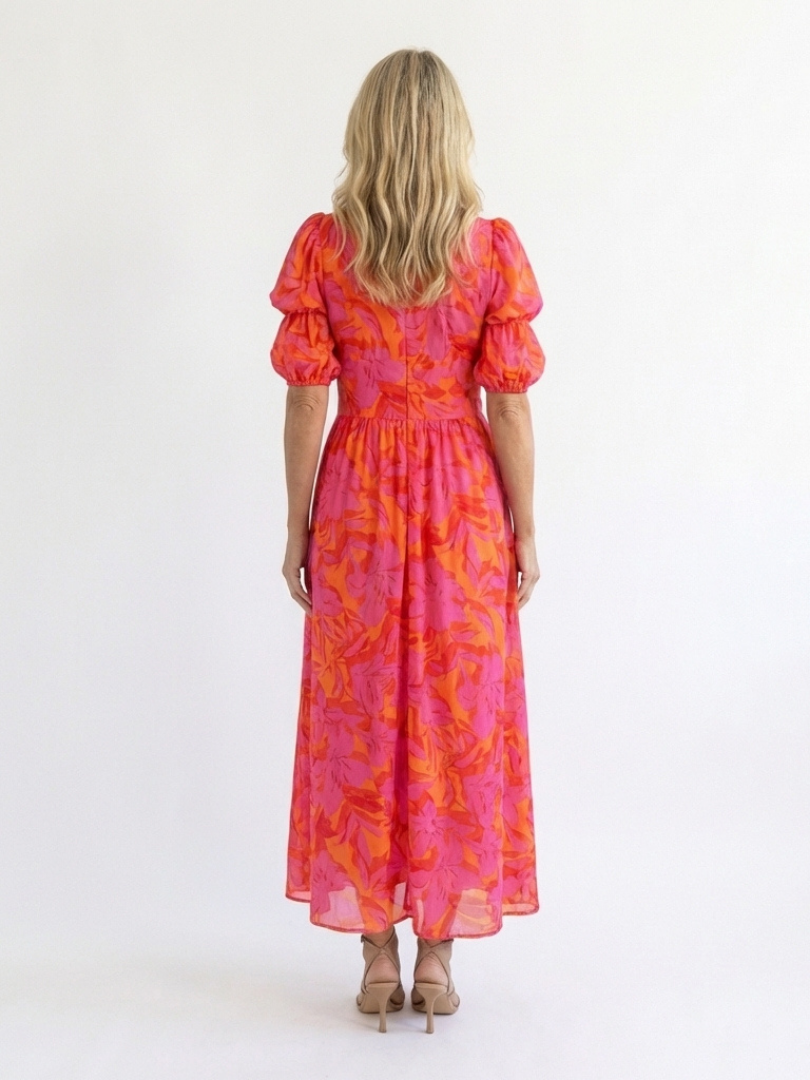 Sadie | Floral V Neck Puff Sleeve Midi Dress