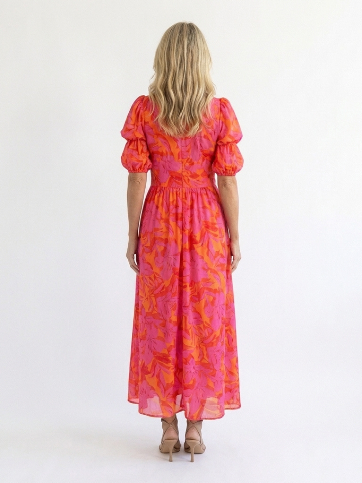 Sadie | Floral V Neck Puff Sleeve Midi Dress