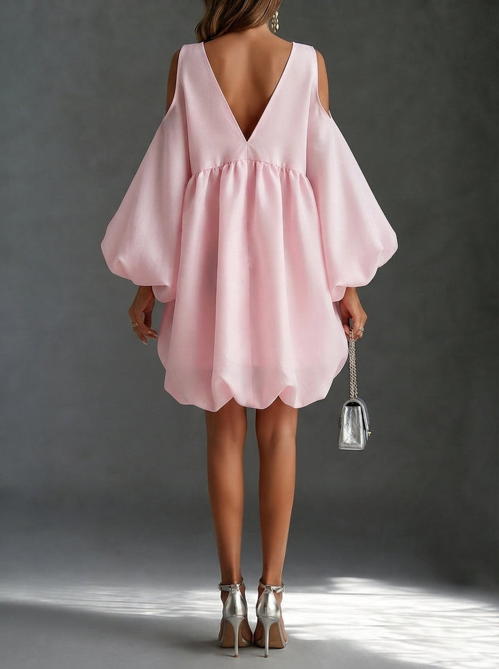 Baby Pink Chffion Deep V Cold Shoulder Mini Dress Puffy Balloon Sleeve Babydoll Party Dress