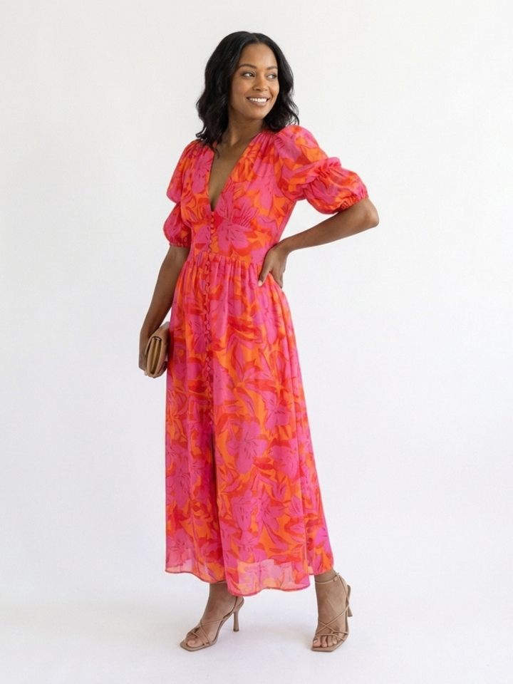 Sadie | Floral V Neck Puff Sleeve Midi Dress