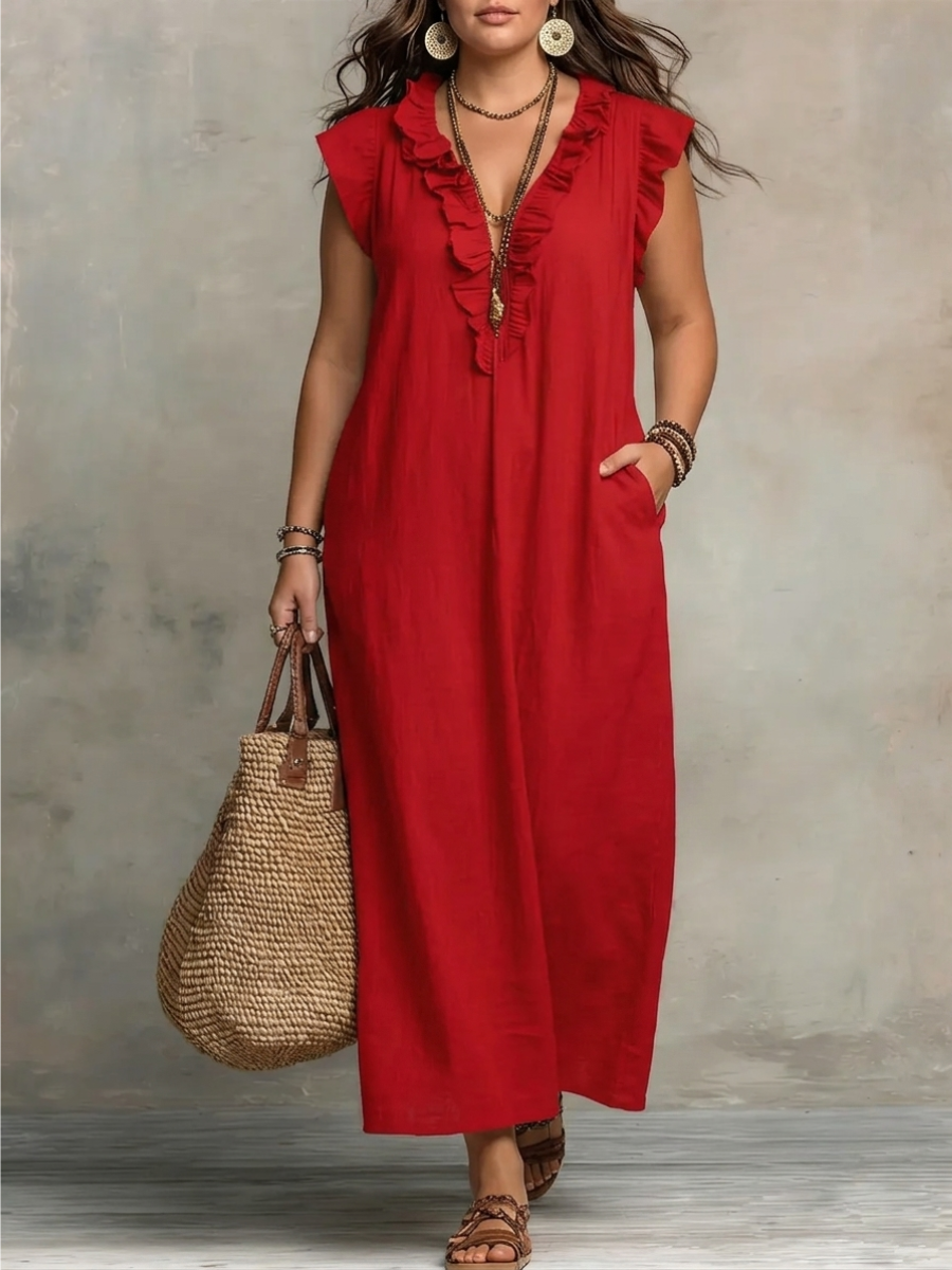Corinne | Ruffle V-Neck Relaxed Maxi Dress