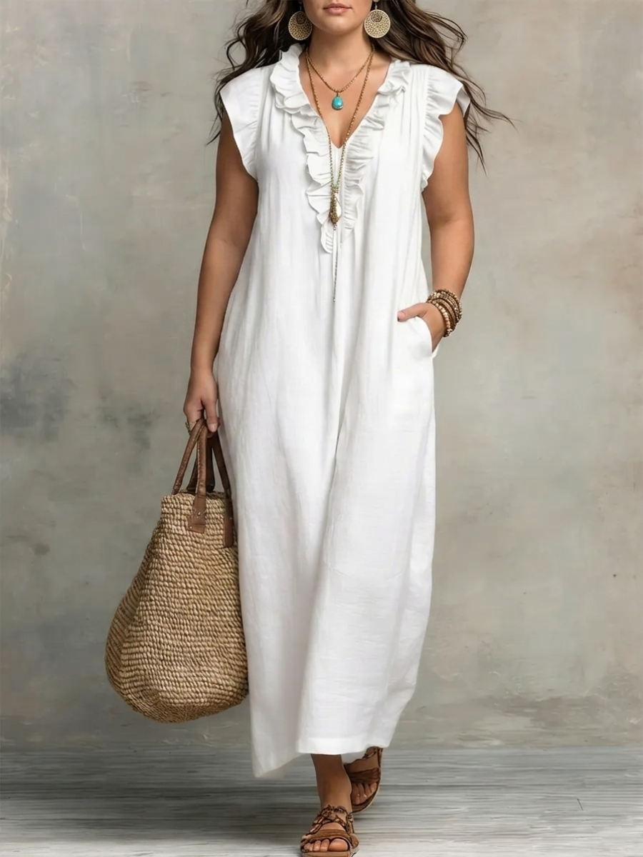 Corinne | Ruffle V-Neck Relaxed Maxi Dress