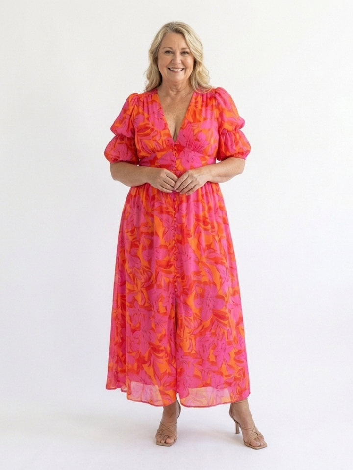 Sadie | Floral V Neck Puff Sleeve Midi Dress