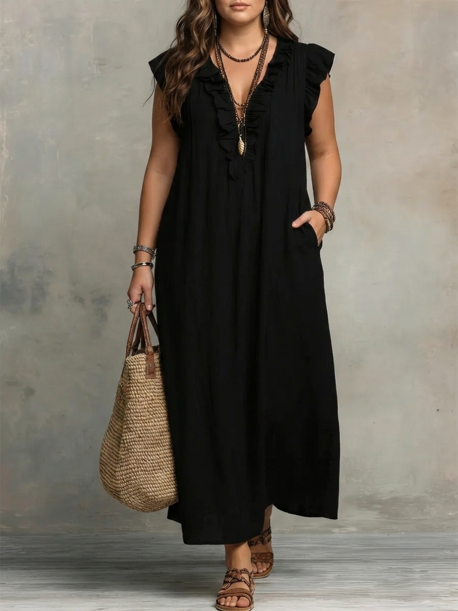 Corinne | Ruffle V-Neck Relaxed Maxi Dress