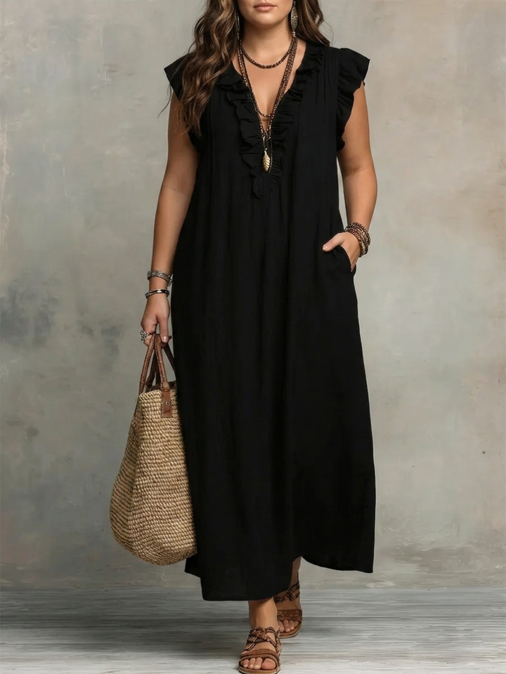 Corinne | Ruffle V-Neck Relaxed Maxi Dress