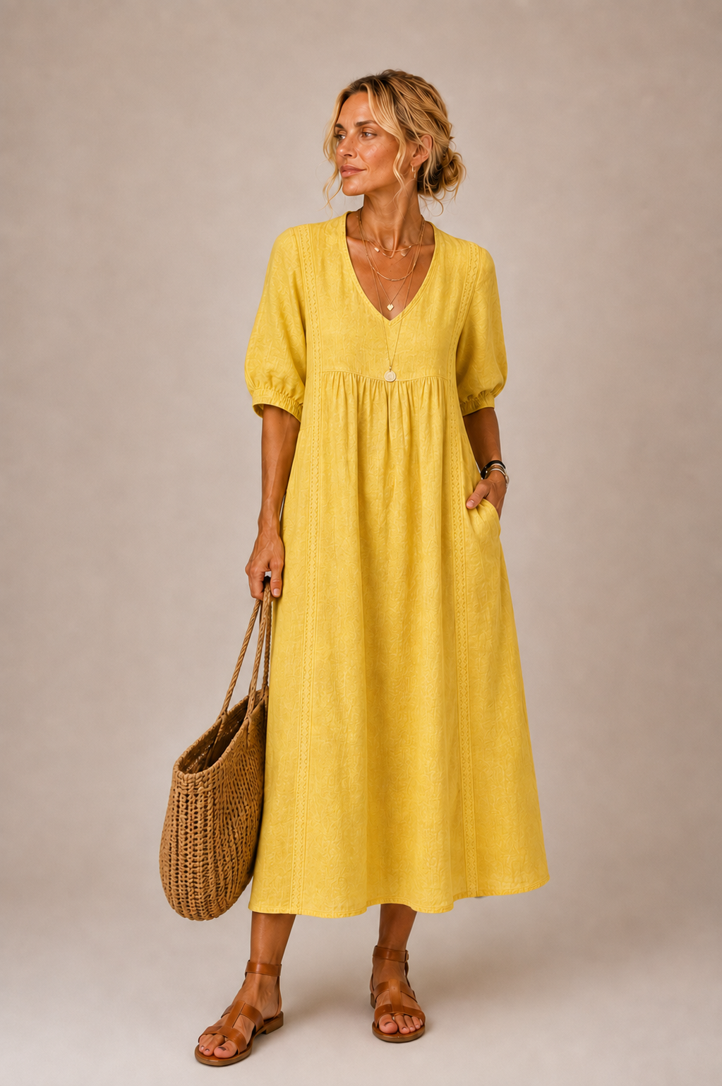 Elena | V-Neck Embroidered Midi Dress