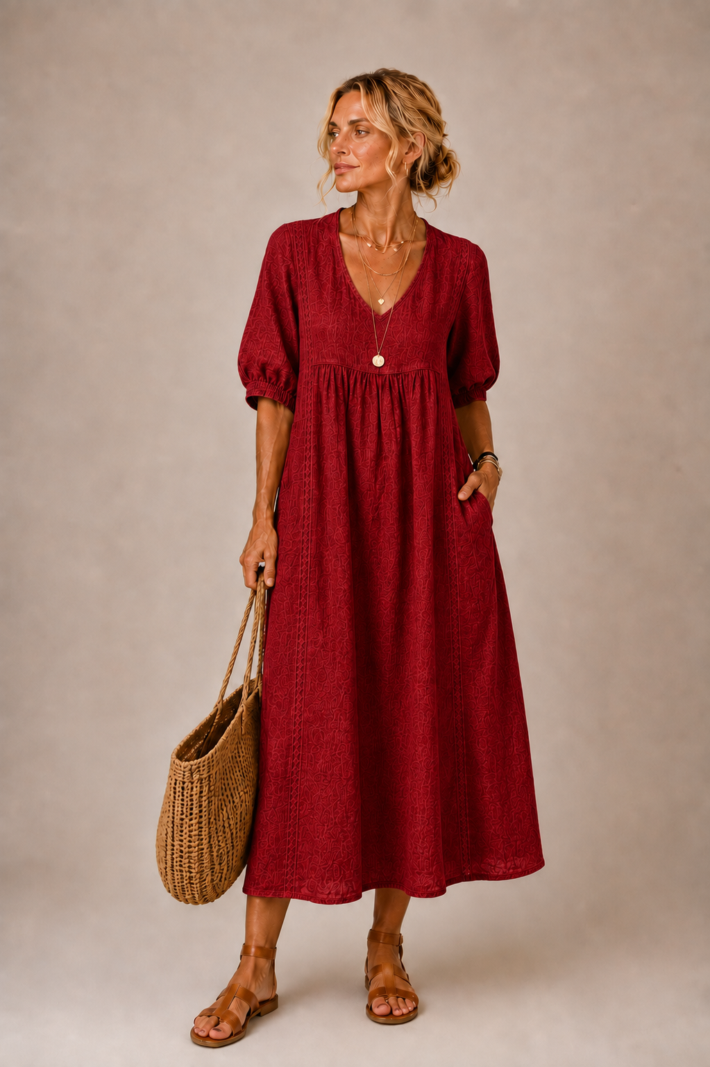 Elena | V-Neck Embroidered Midi Dress