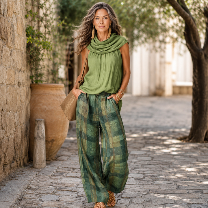 Lyra | Draped Sleeveless Top &amp; Plaid Wide-Leg Pants Set