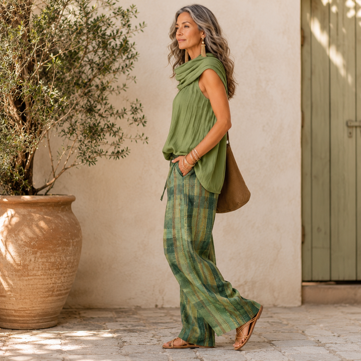 Lyra | Draped Sleeveless Top &amp; Plaid Wide-Leg Pants Set