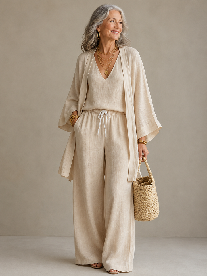 Elena | V-Neck Three-Piece Wide-Leg Pants Set