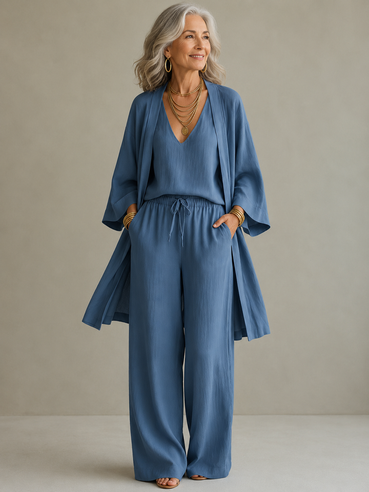 Elena | V-Neck Three-Piece Wide-Leg Pants Set