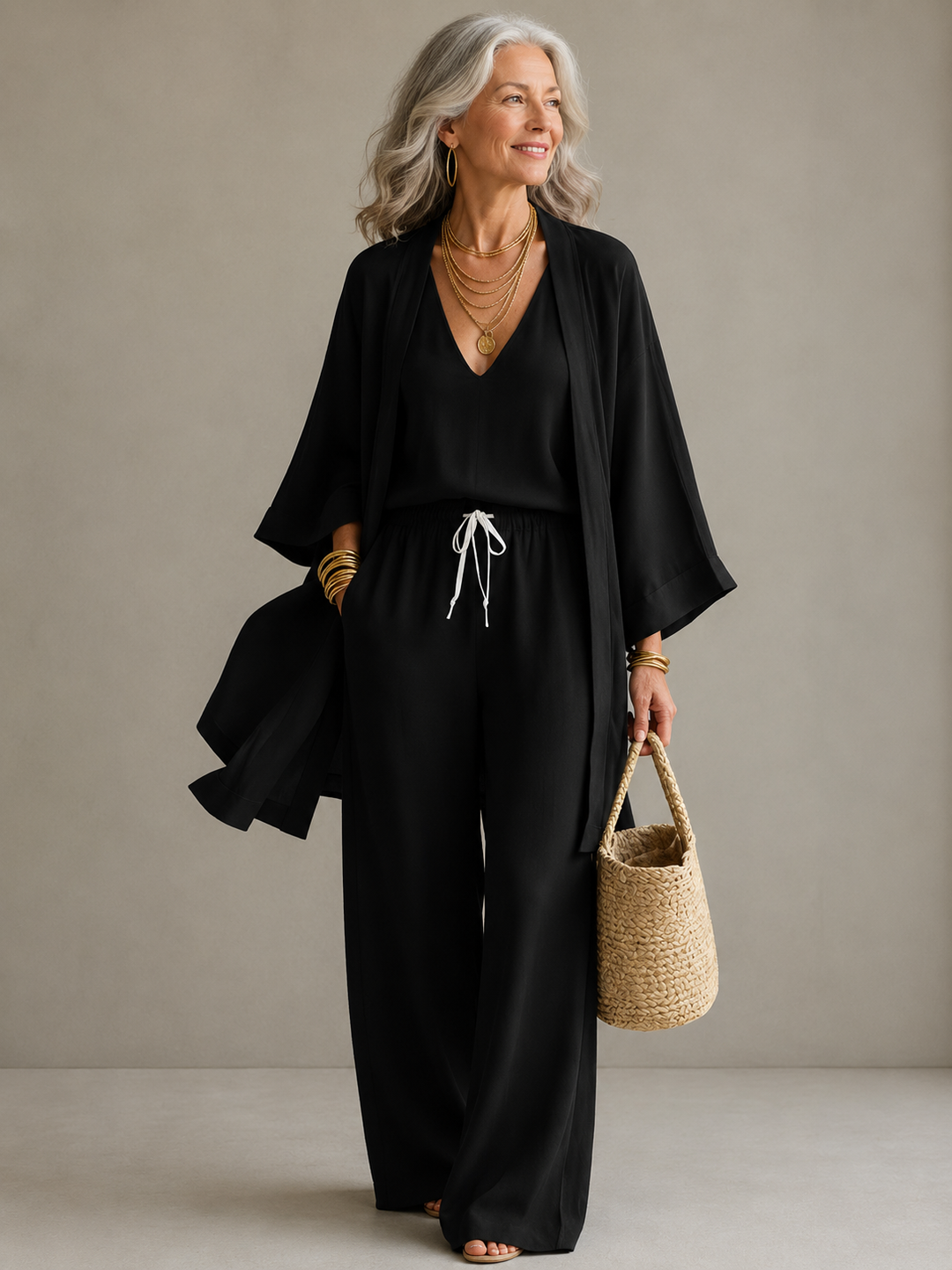 Elena | V-Neck Three-Piece Wide-Leg Pants Set