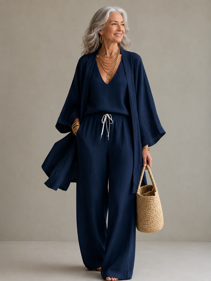 Elena | V-Neck Three-Piece Wide-Leg Pants Set