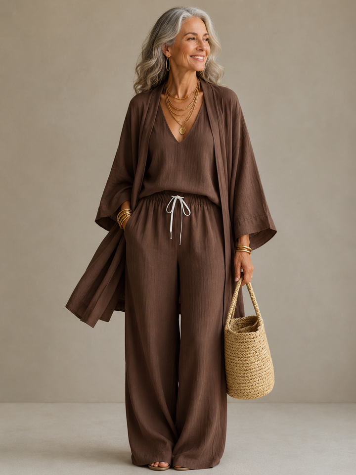 Elena | V-Neck Three-Piece Wide-Leg Pants Set