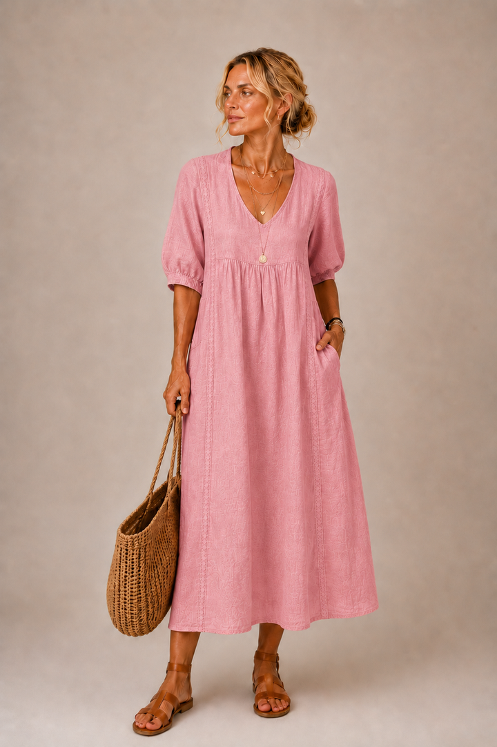 Elena | V-Neck Embroidered Midi Dress