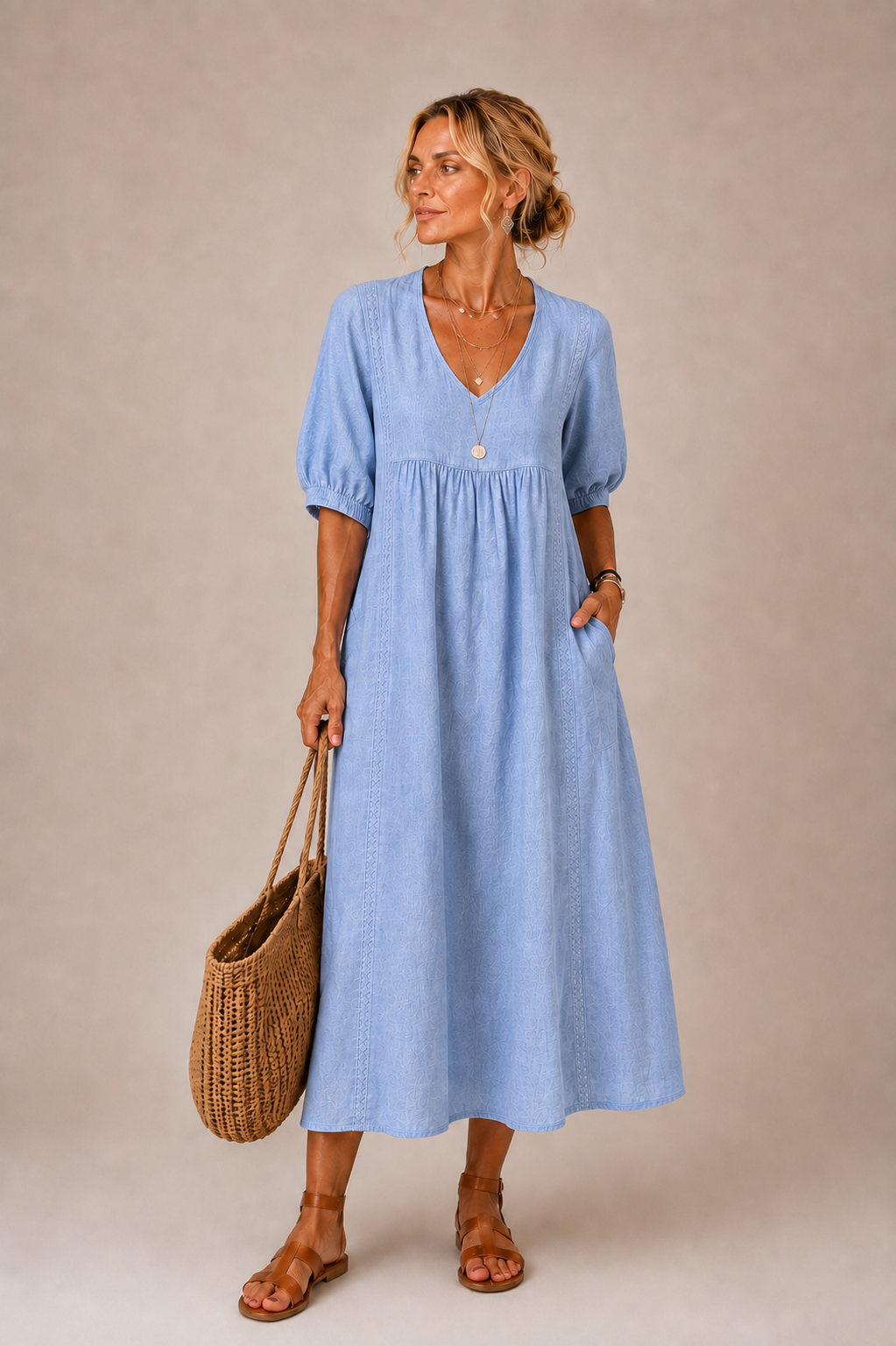 Elena | V-Neck Embroidered Midi Dress