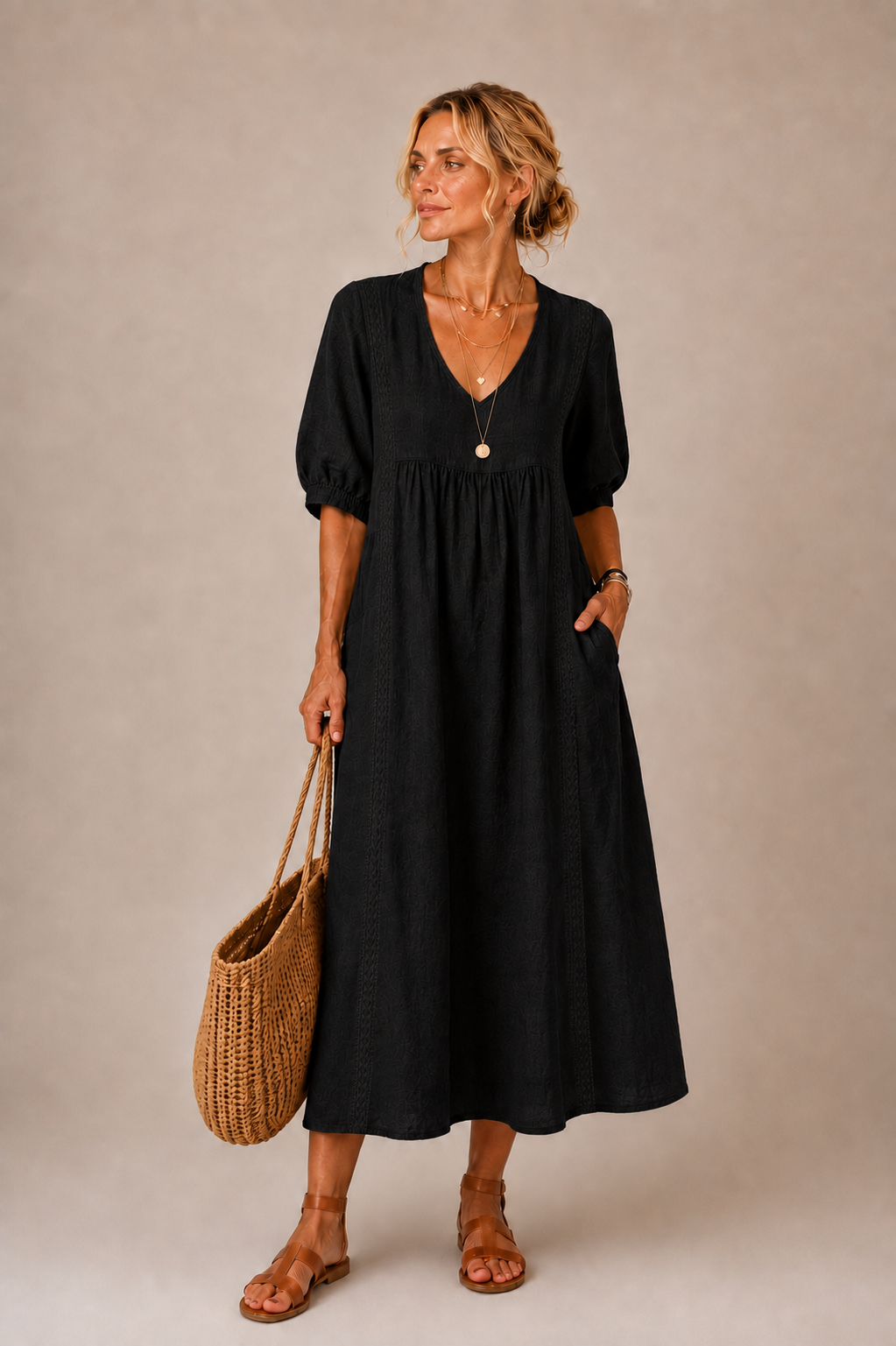 Elena | V-Neck Embroidered Midi Dress