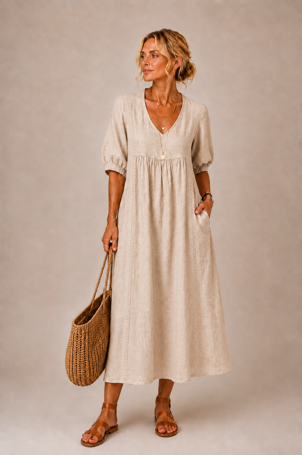 Elena | V-Neck Embroidered Midi Dress