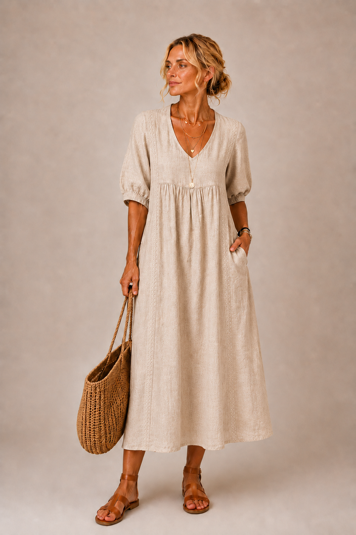 Elena | V-Neck Embroidered Midi Dress