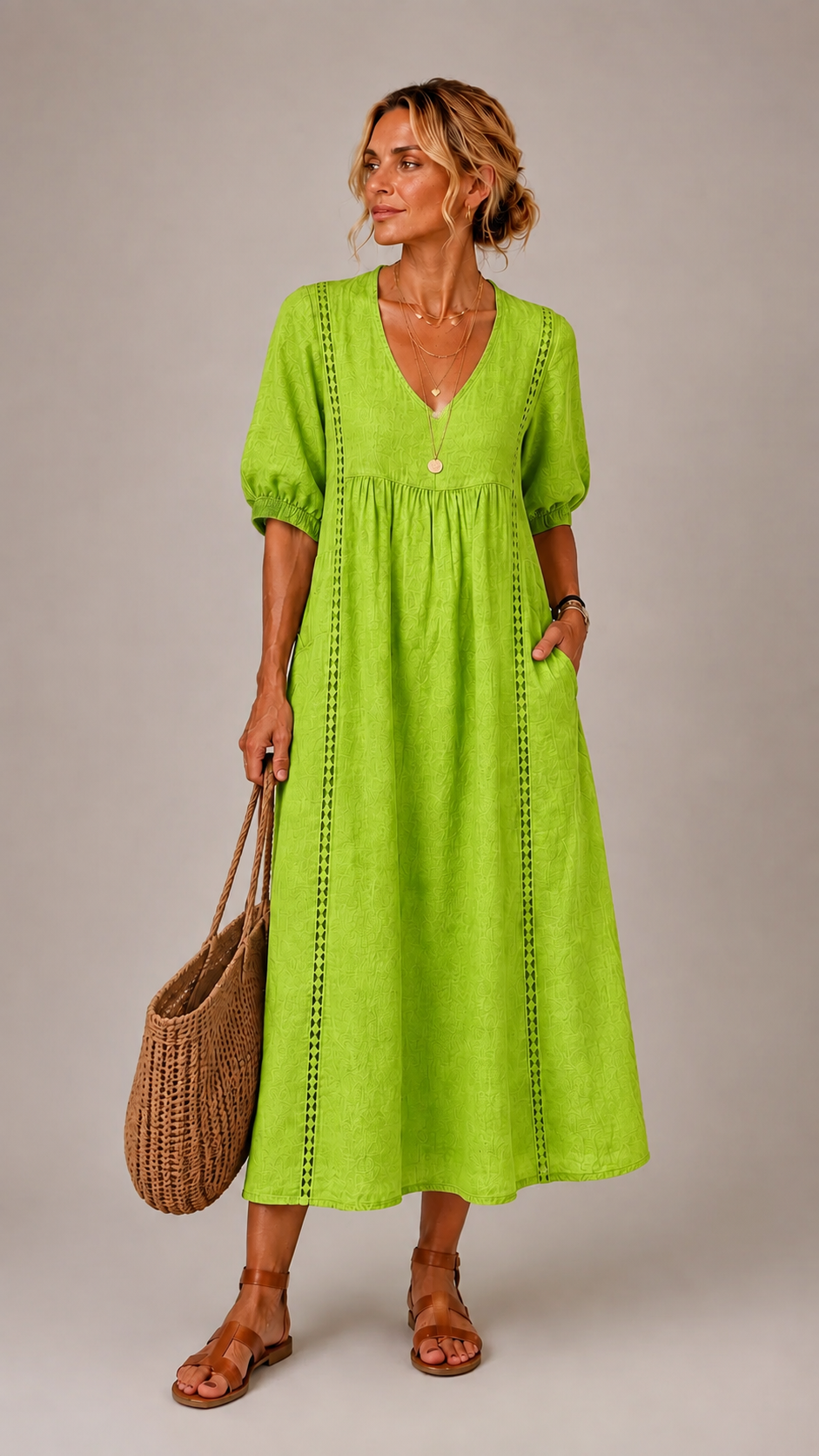 Elena | V-Neck Embroidered Midi Dress