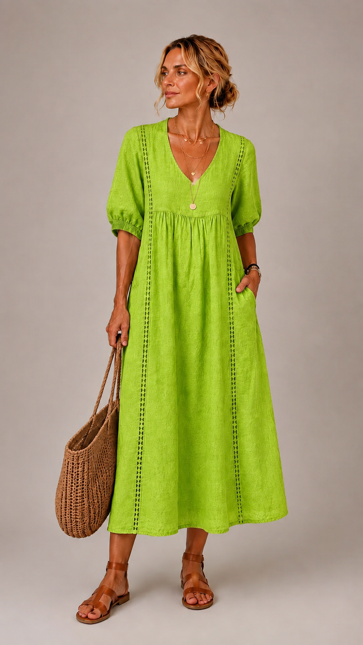 Elena | V-Neck Embroidered Midi Dress