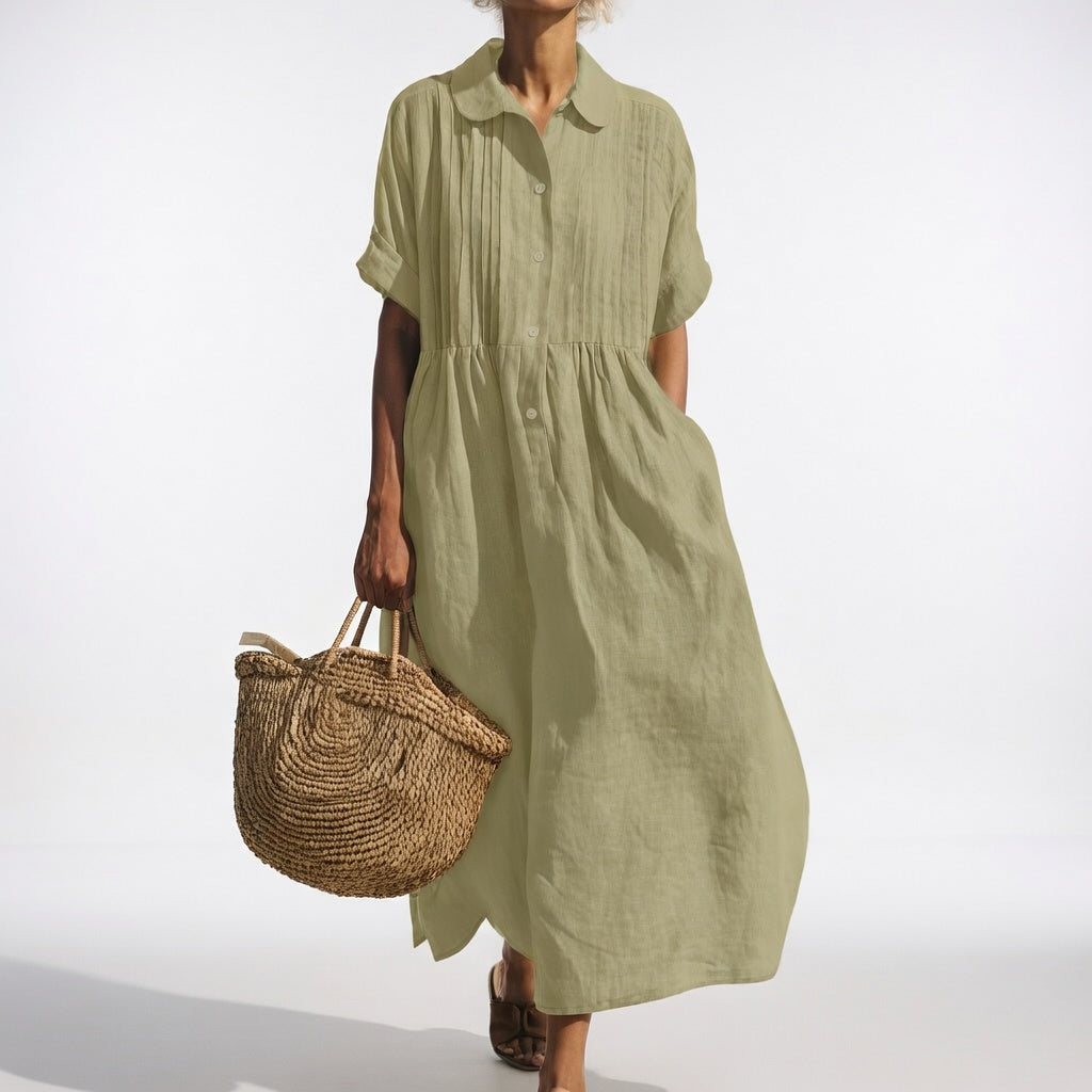 Isolde | Pleated Button-Front Maxi Shirt Dress