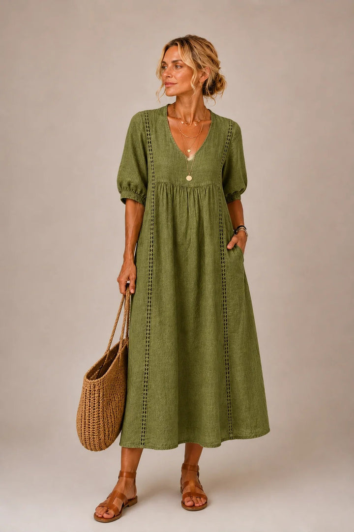 Elena | V-Neck Embroidered Midi Dress