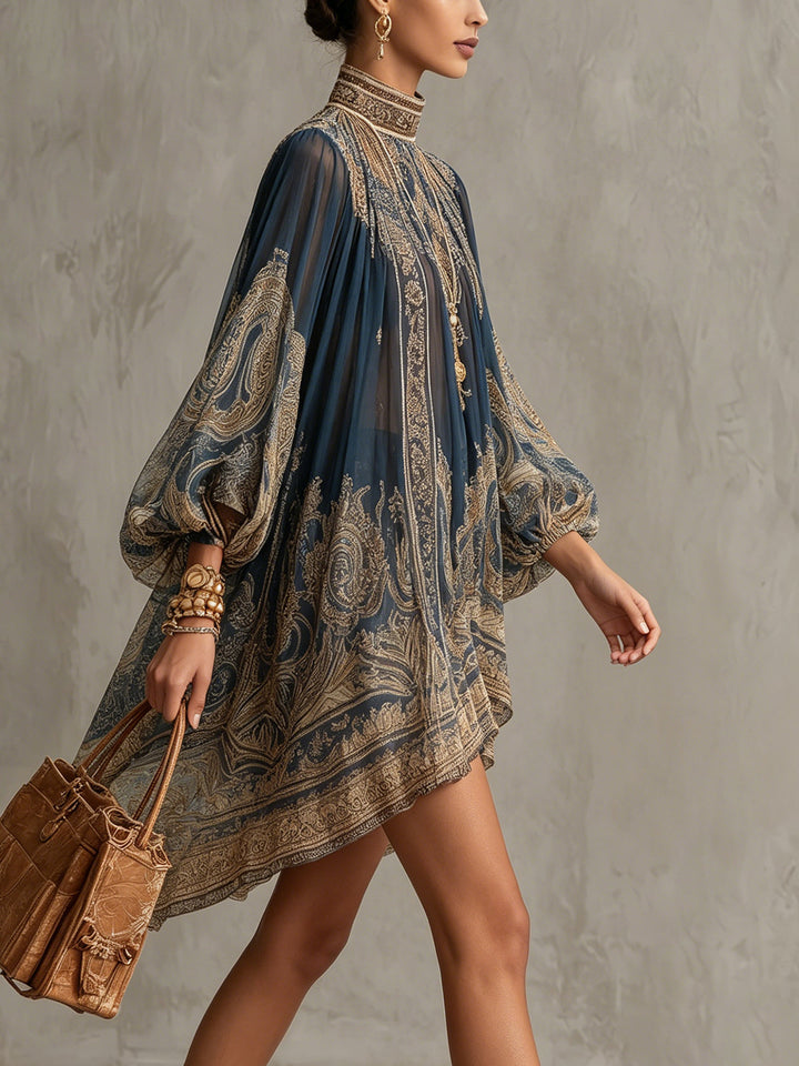 Marianna | Mini dress in navy blue  with golden baroque print