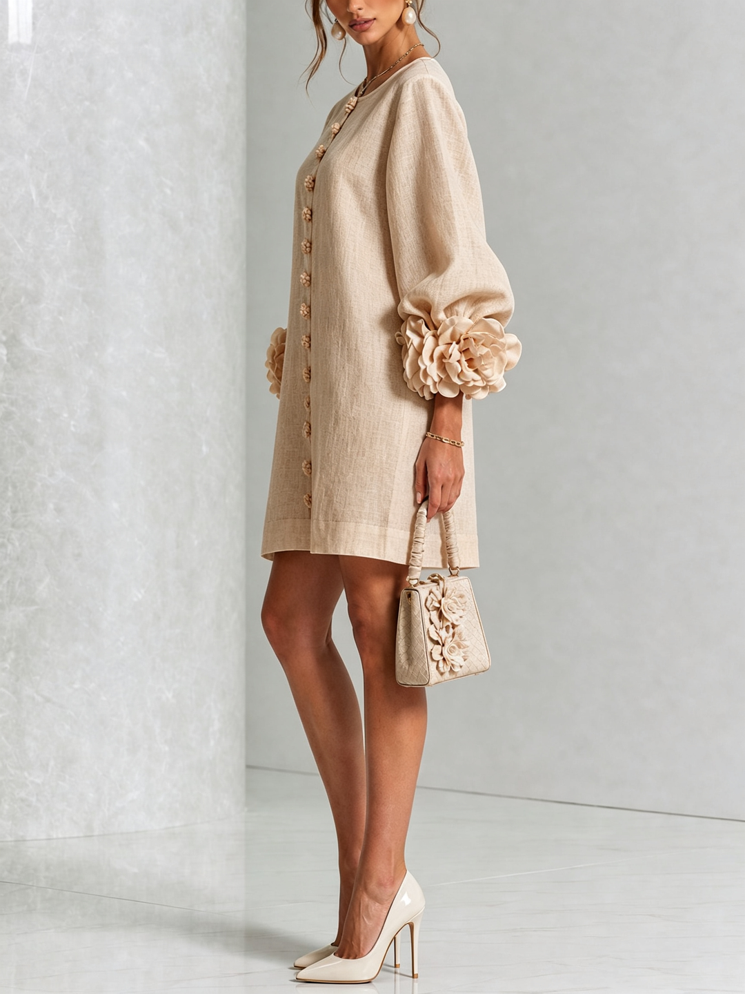 Beige Floral Button-down Mini Dress With Striking Floral Cuffs