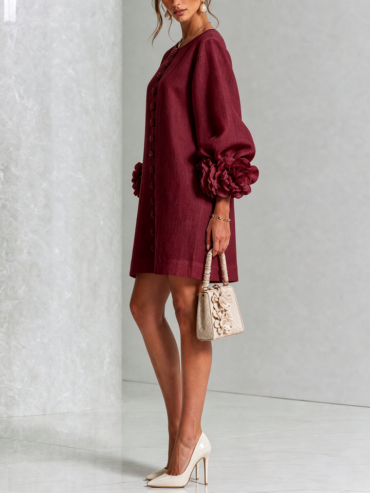 Burgundy Floral Button-down Mini Dress With Striking Floral Cuffs