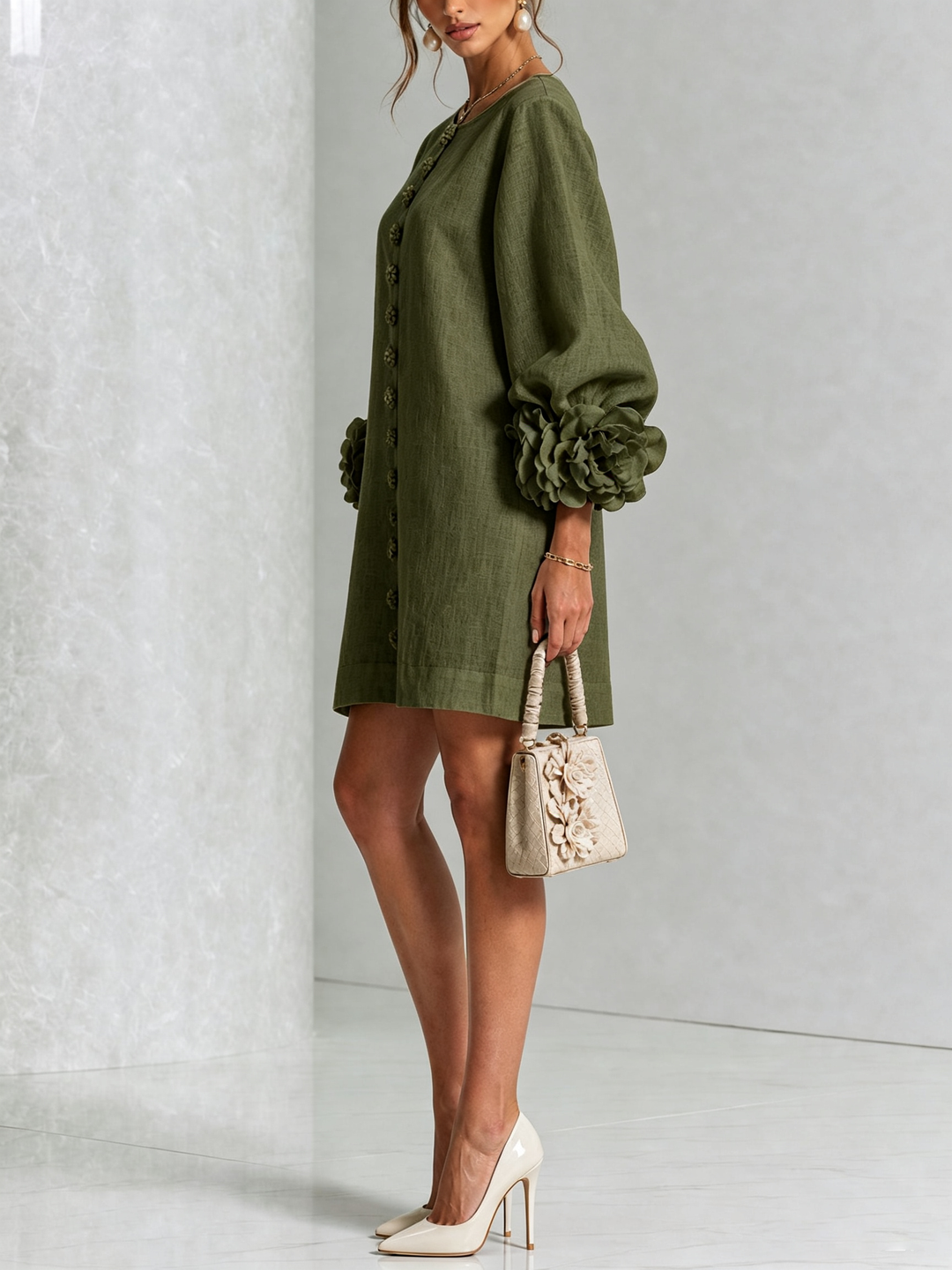 Olive Floral Button-down Mini Dress With Striking Floral Cuffs