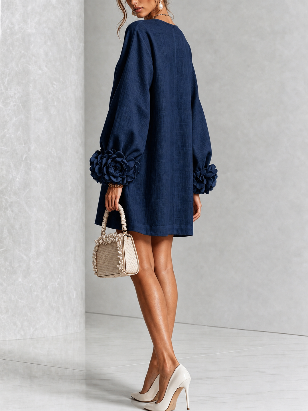 Navy Long Sleeve Floral Button-down Mini Dress With Striking Floral Cuffs(Long Sleeve Edition)