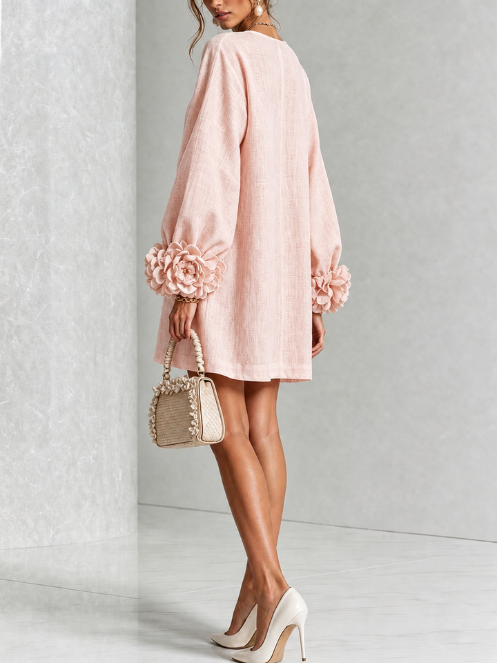 Pink Long Sleeve Floral Button-down Mini Dress With Striking Floral Cuffs(Long Sleeve Edition))