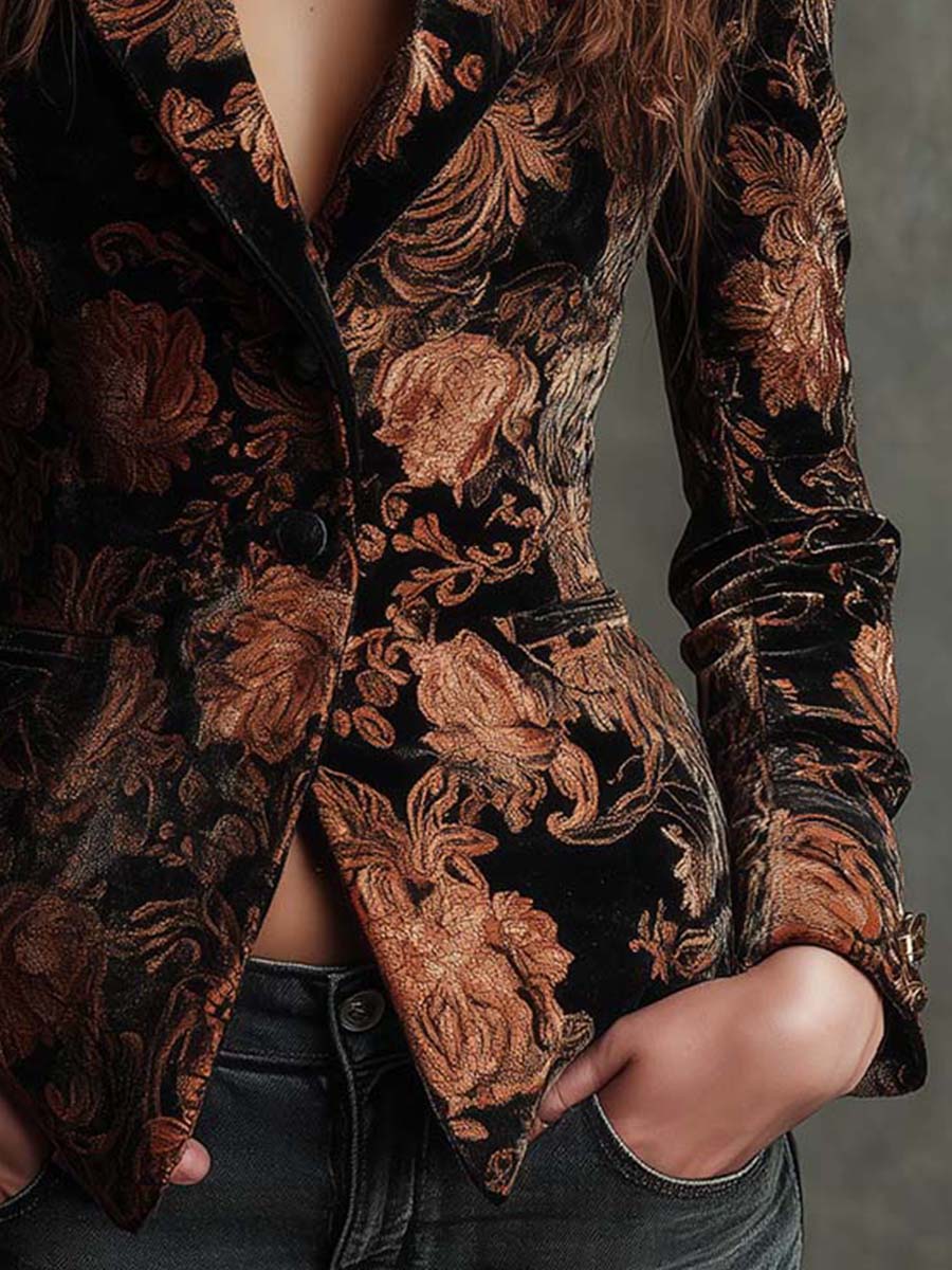 Women’s Black And Bronze Floral Print Tailored Blazer