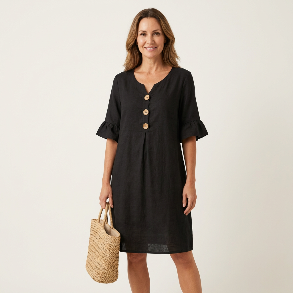 Rileya | Shift Dress with Button Front &amp; Ruffle Sleeves