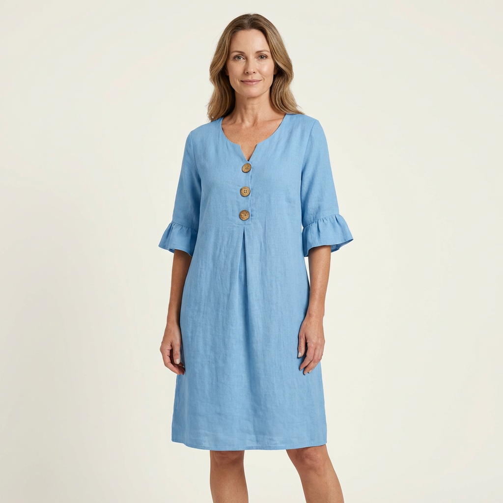 Rileya | Shift Dress with Button Front &amp; Ruffle Sleeves