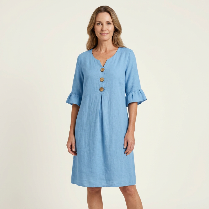 Rileya | Shift Dress with Button Front &amp; Ruffle Sleeves