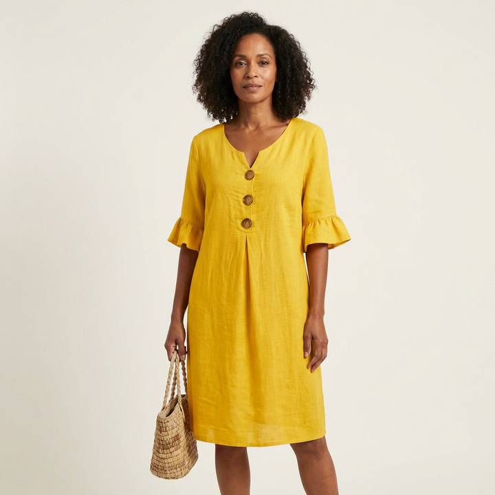 Rileya | Shift Dress with Button Front &amp; Ruffle Sleeves