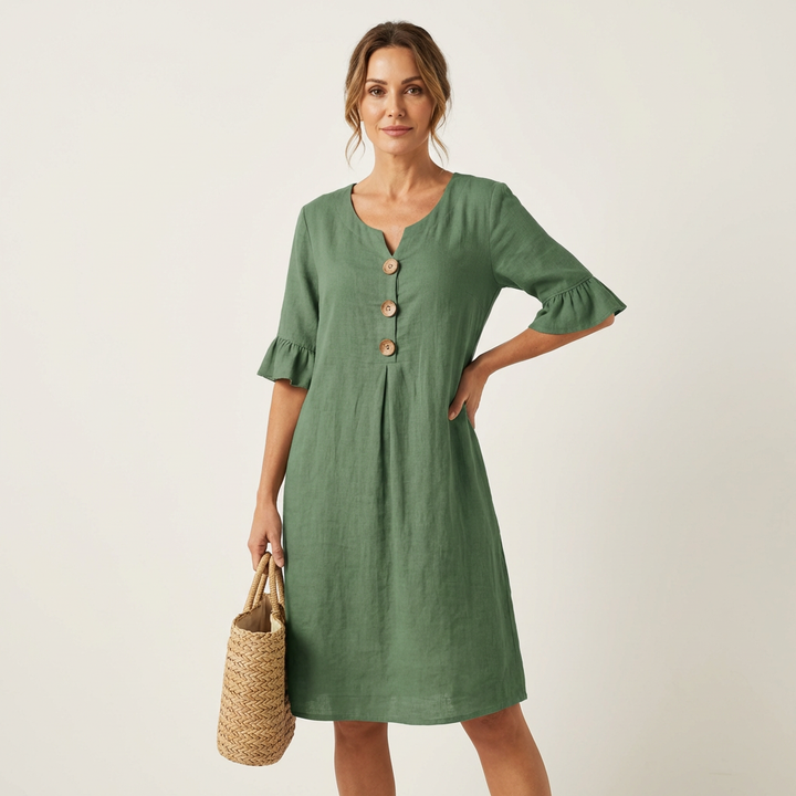 Rileya | Shift Dress with Button Front &amp; Ruffle Sleeves