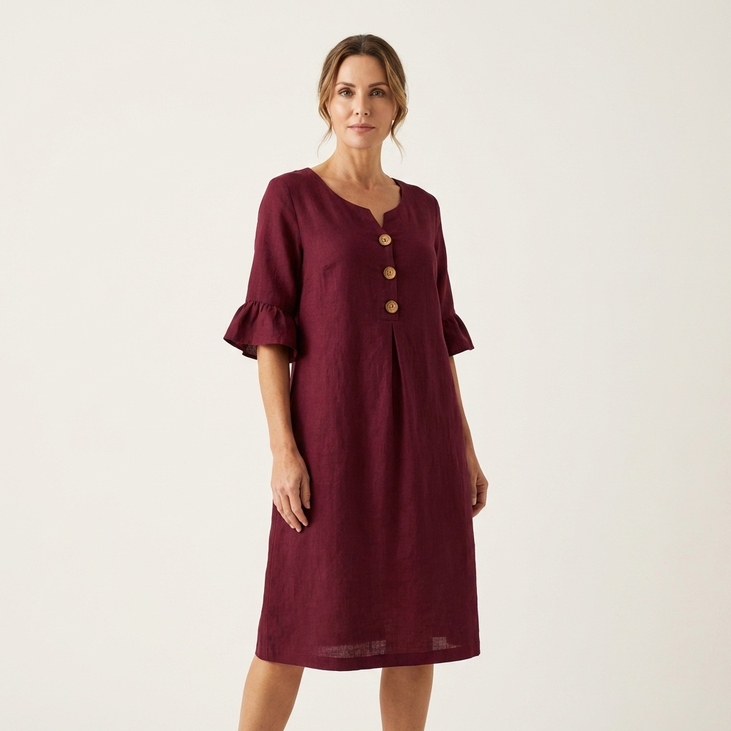 Rileya | Shift Dress with Button Front &amp; Ruffle Sleeves