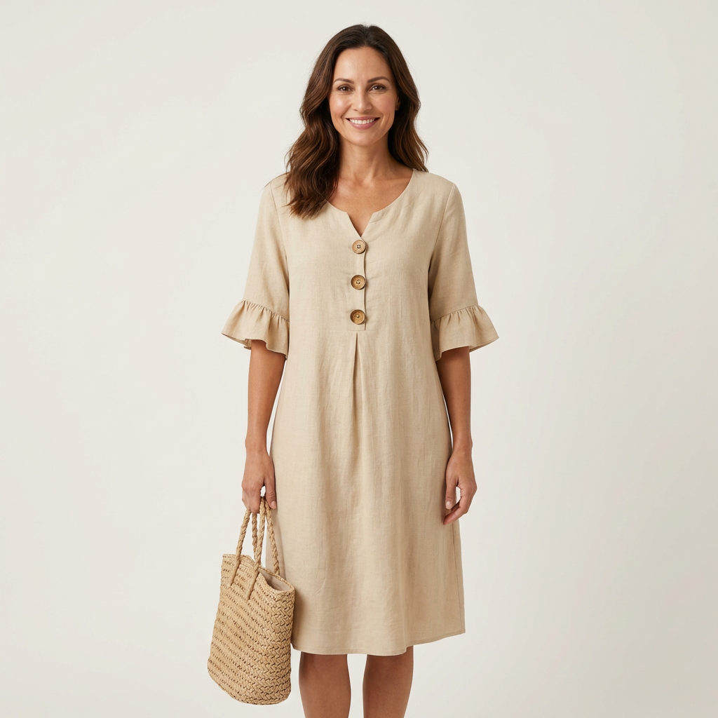 Rileya | Shift Dress with Button Front &amp; Ruffle Sleeves
